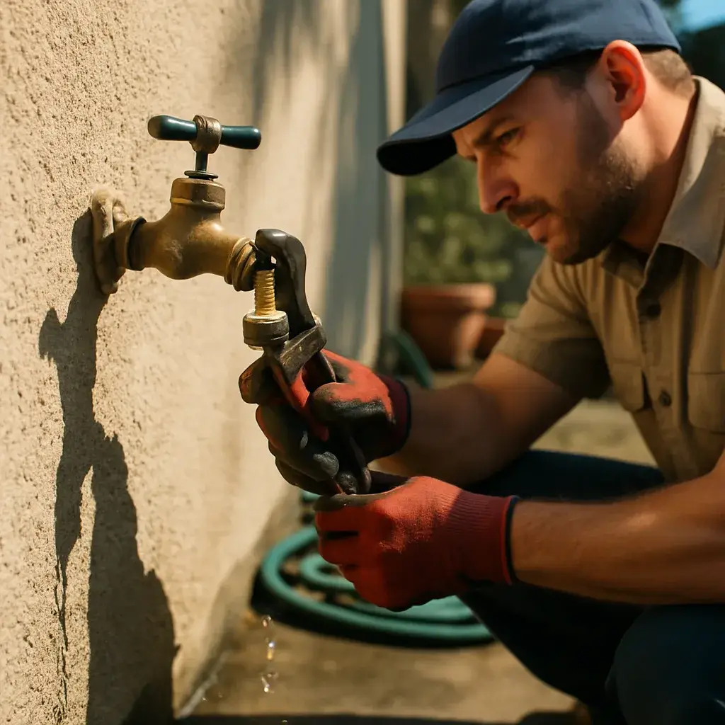 Contractor using pipe wrench to repair outdoor faucet on Sunnyvale home exterior wall