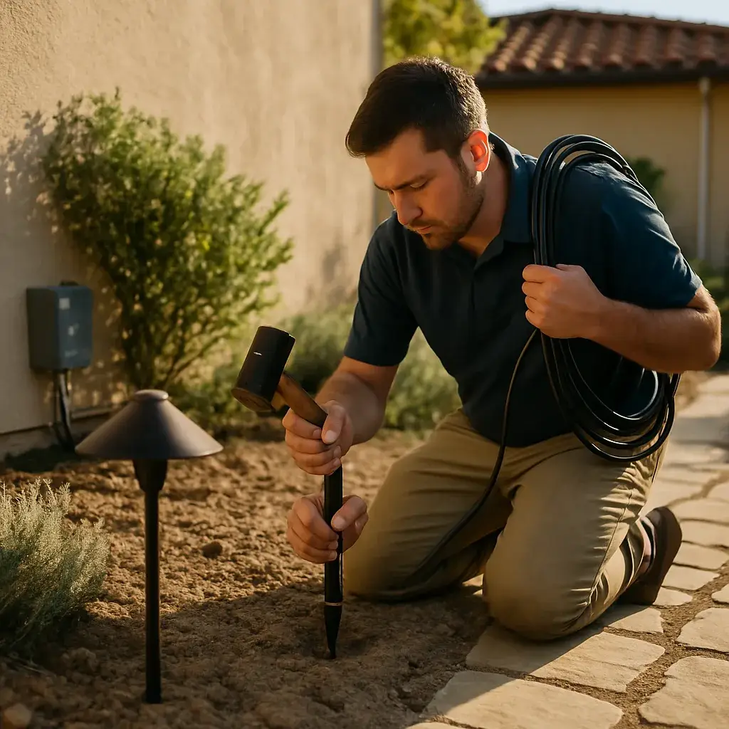 Technician installing low-voltage outdoor lighting fixture in Sunnyvale landscape bed