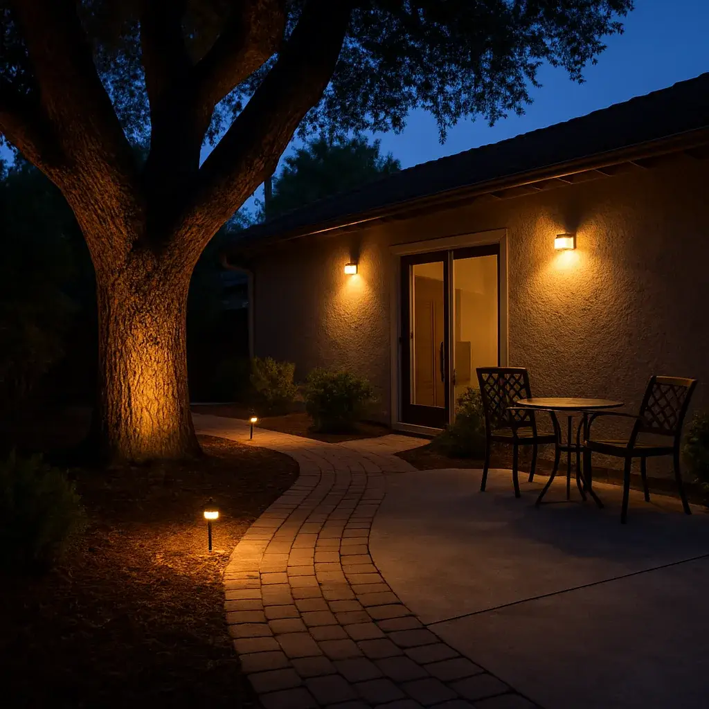 outdoor-lighting-installation-completed-patio-sunnyvale Completed outdoor lighting installation illuminating Sunnyvale backyard patio at dusk