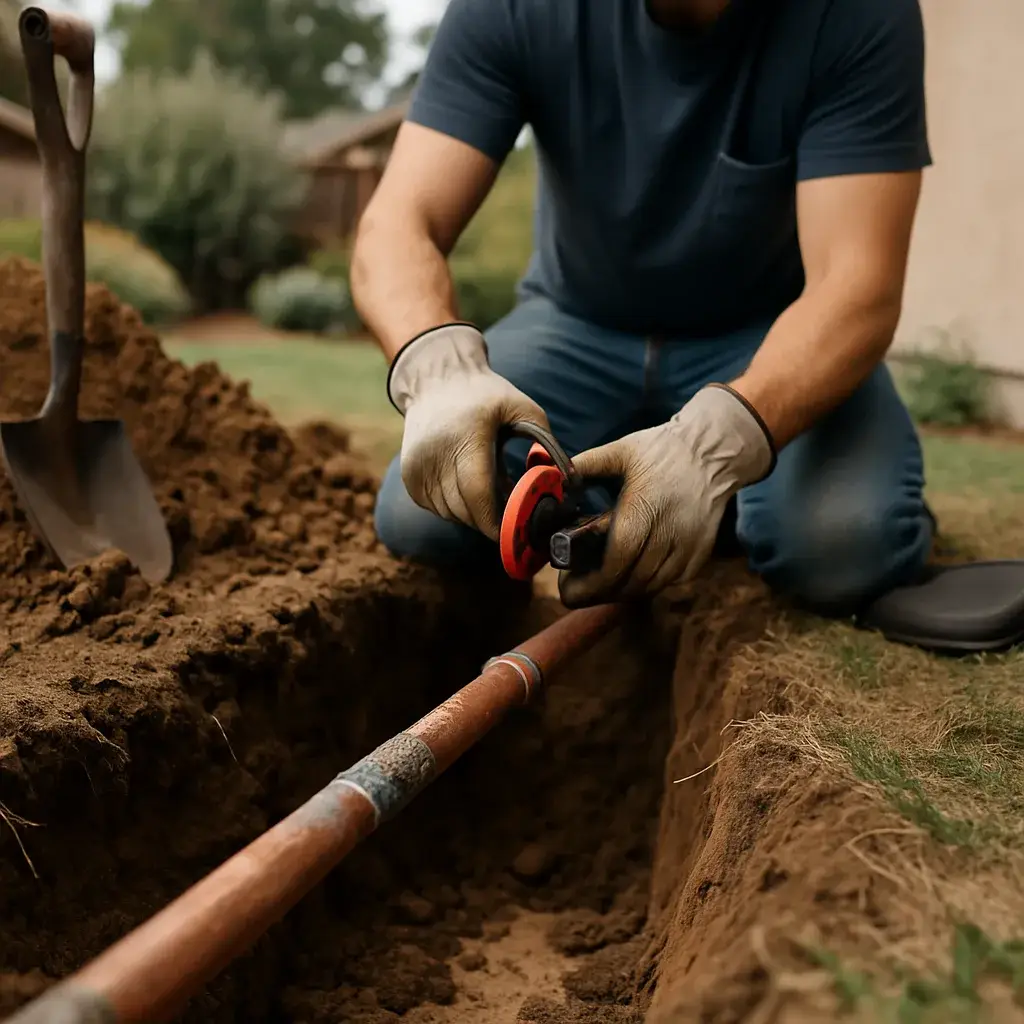 Technician repairing buried outdoor water line in Sunnyvale backyard trench