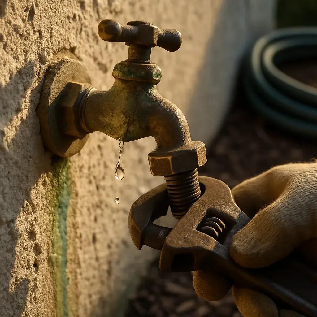 outdoor-plumbing-repair-corroded-hose-bib-leak-sunnyvale Corroded outdoor hose bib leaking water before Sunnyvale plumbing repair