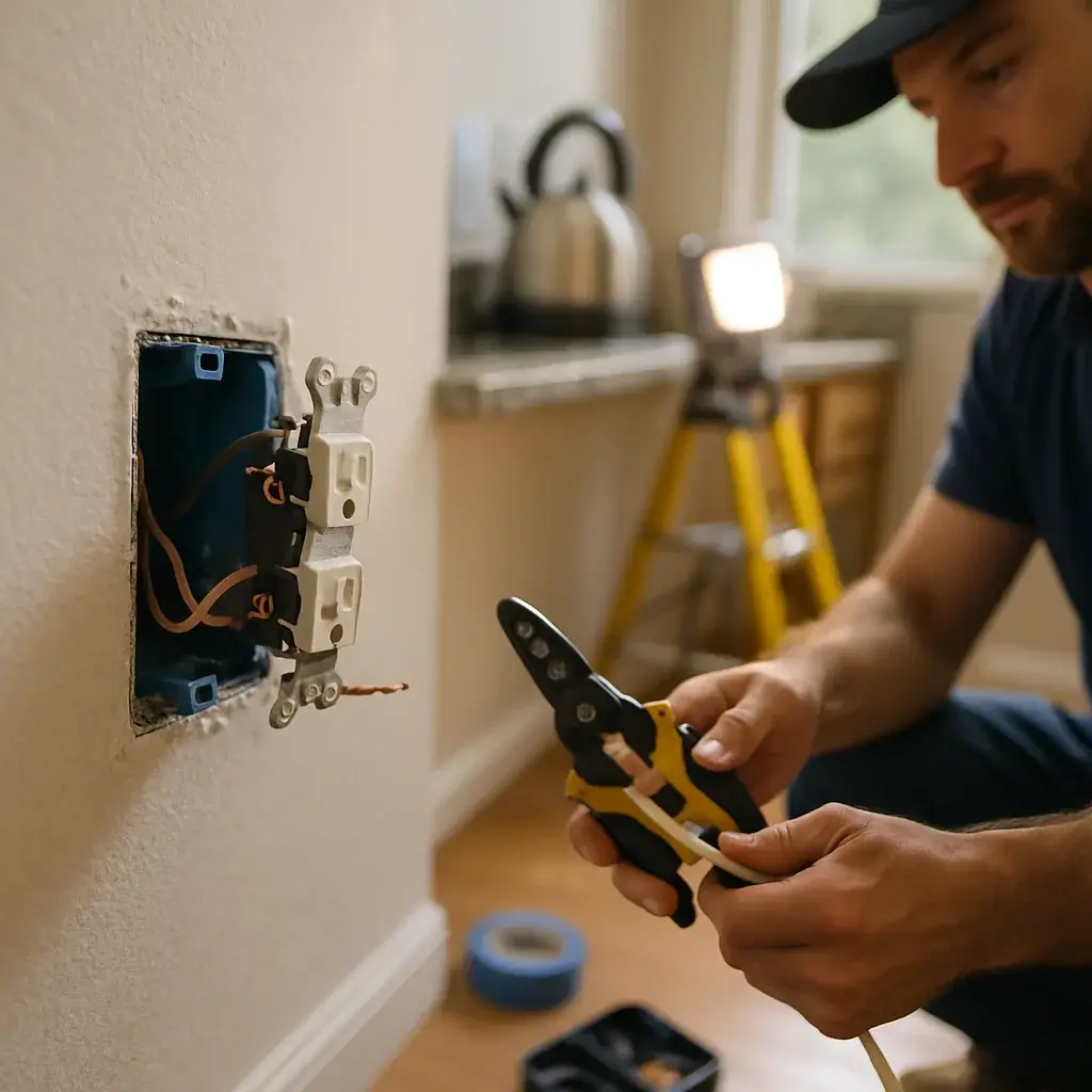 Electrician installing new wall outlet in Sunnyvale kitchen during renovation