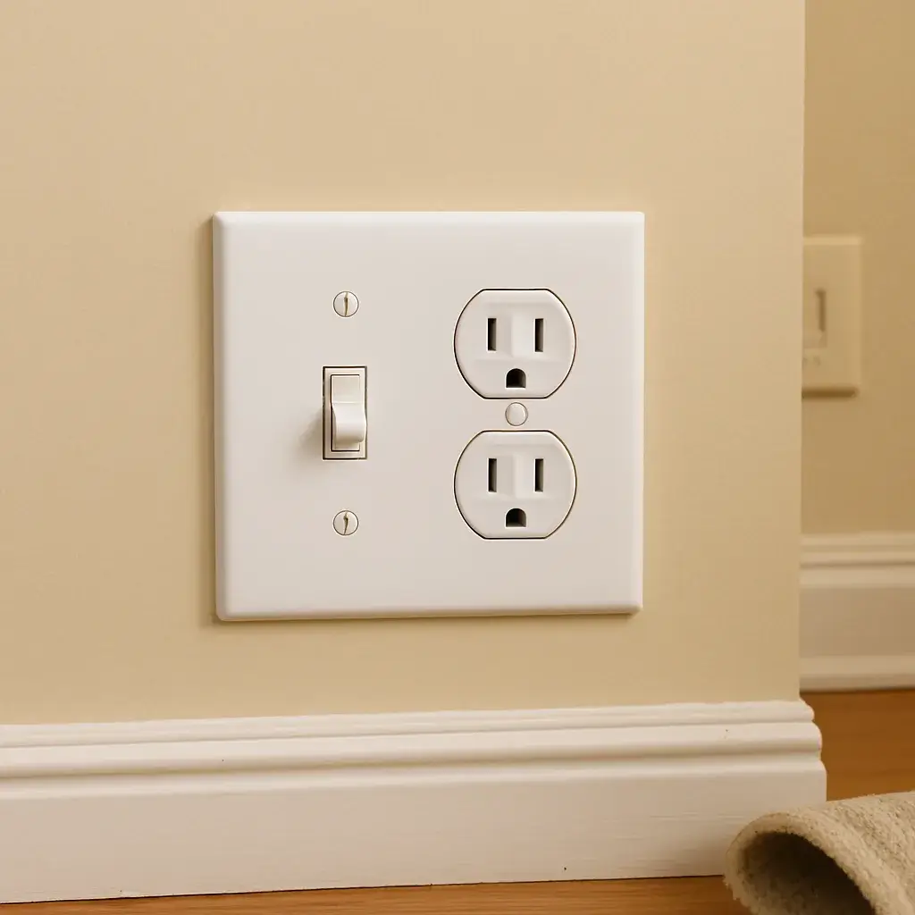 outlet-switch-installation-finished-wall-plate-sunnyvale Newly installed light switch and outlet finished in Sunnyvale living room