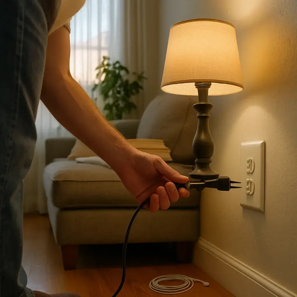 outlet-switch-installation-homeowner-daily-use-sunnyvale Homeowner plugging in lamp at newly installed outlet in Sunnyvale living room