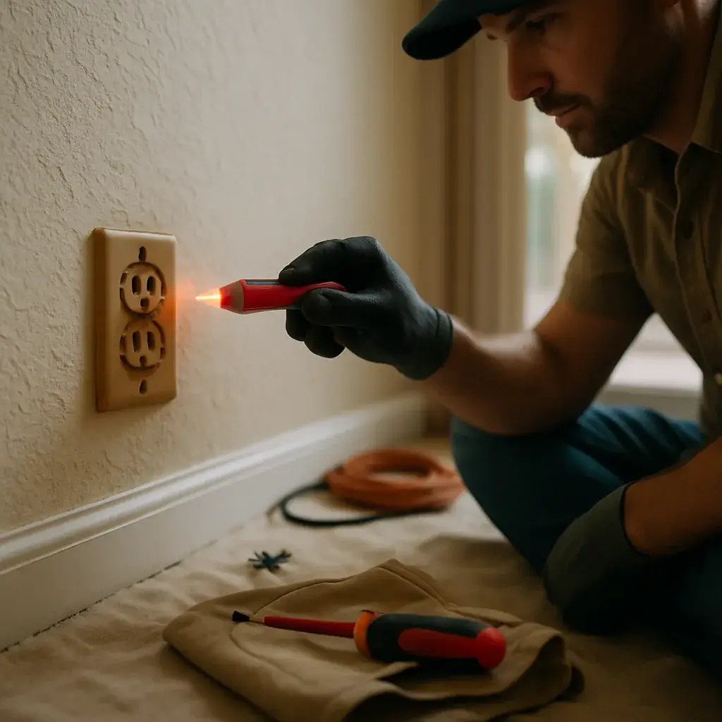 Technician testing a discolored outlet during outlet repair in a Sunnyvale home