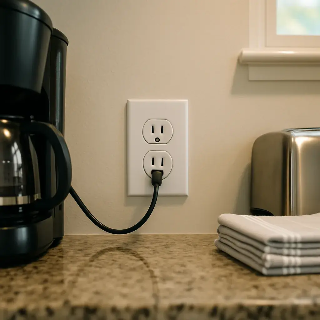 outlet-switch-repair-completed-kitchen-outlet-sunnyvale Repaired kitchen outlet with new faceplate after Sunnyvale outlet repair service
