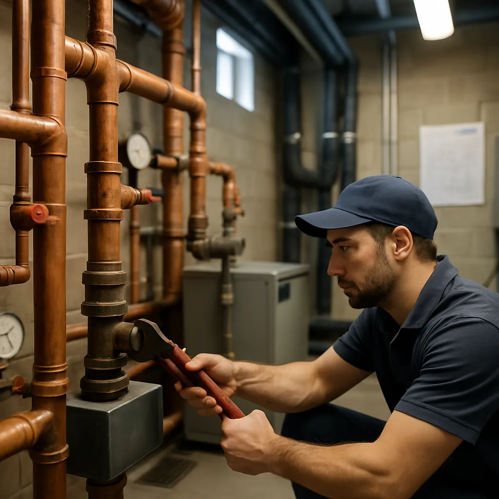 Technician tightening pipe fitting during piping installation in Sunnyvale mechanical room