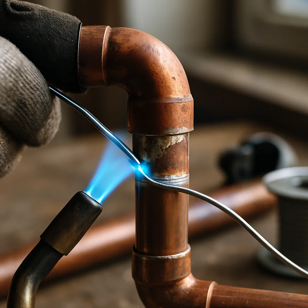 piping-installation-copper-joint-soldering-detail-sunnyvale Close-up of soldering copper pipe joint for piping installation in Sunnyvale