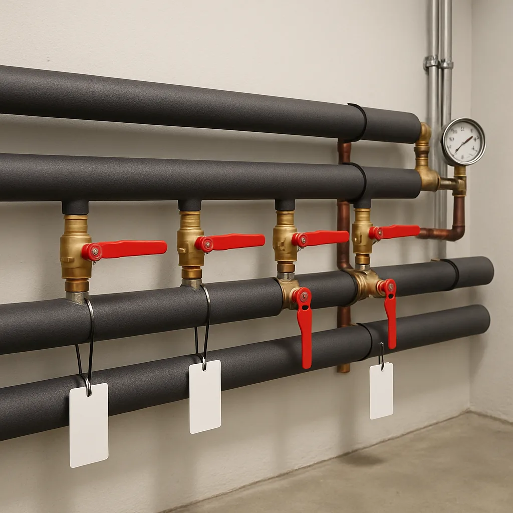 piping-installation-completed-insulated-piping-sunnyvale Finished insulated piping installation with labeled valves in Sunnyvale mechanical room