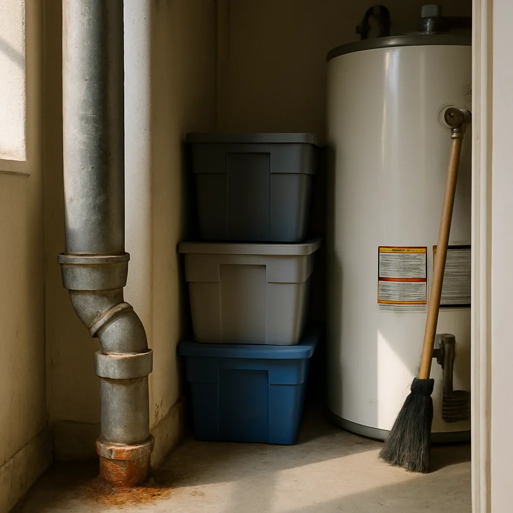 piping-installation-corroded-pipe-utility-closet-sunnyvale Corroded pipe joint in home utility closet needing piping installation in Sunnyvale