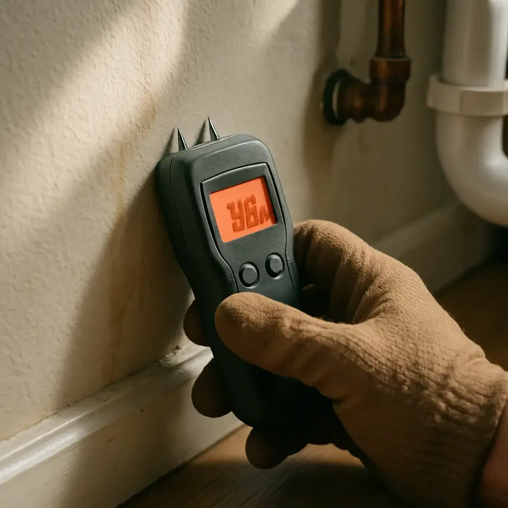 plumbing-inspection-moisture-meter-wall-leak-sunnyvale Moisture meter detecting hidden leak signs during plumbing inspection in Sunnyvale