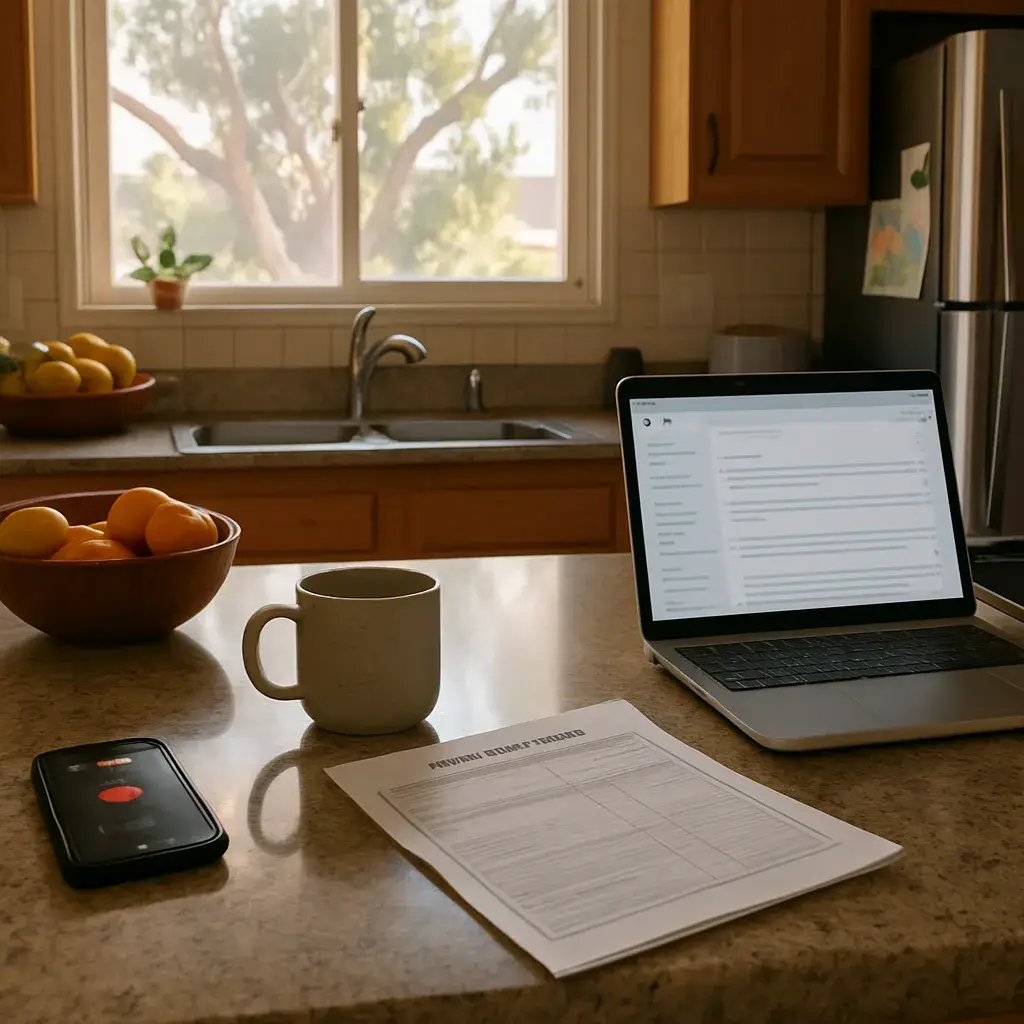 plumbing-inspection-report-review-kitchen-sunnyvale Homeowner reviewing plumbing inspection report at kitchen counter in Sunnyvale
