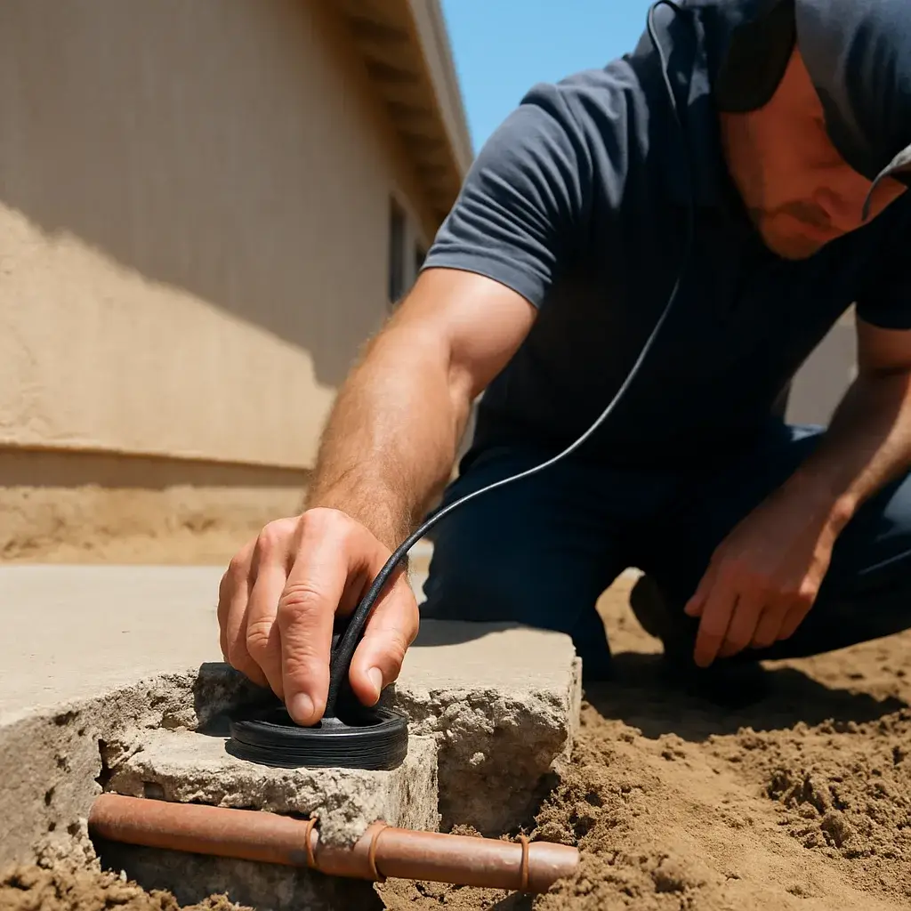 Technician using acoustic device for plumbing leak detection on Sunnyvale home foundation