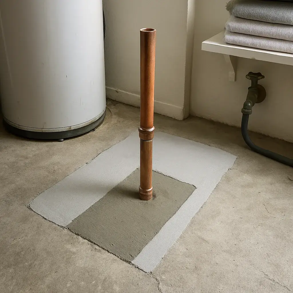 plumbing-leak-detection-repaired-slab-pipe-sunnyvale Repaired copper pipe and patched slab after leak detection and repair in Sunnyvale