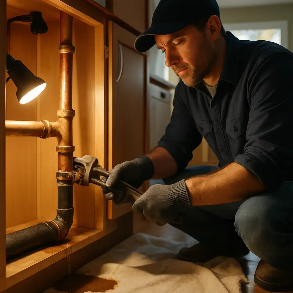 Plumber repairing leaking copper pipe under kitchen sink in Sunnyvale home