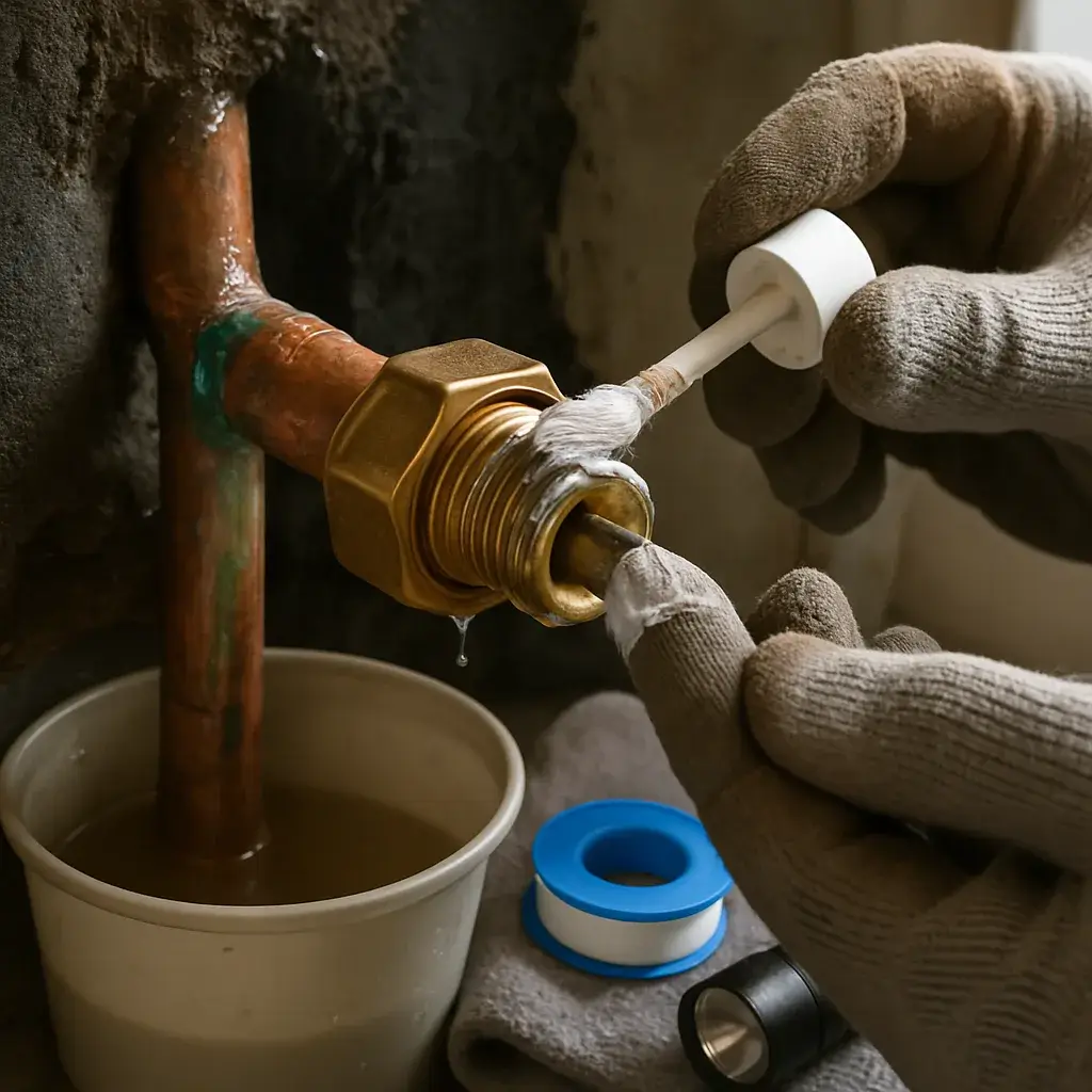plumbing-leak-repair-pipe-fitting-detail-sunnyvale Close-up of hands sealing pipe fitting during Sunnyvale leak repair