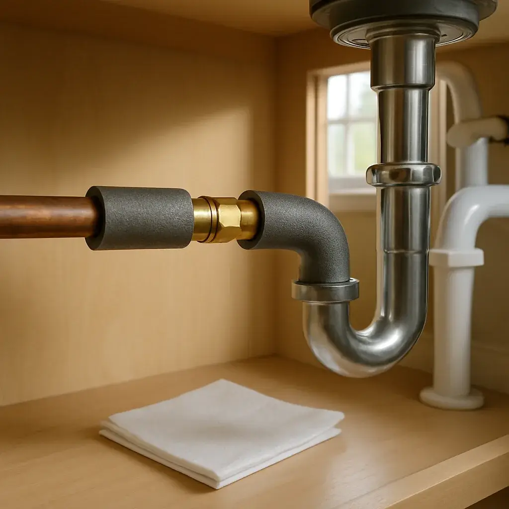 plumbing-leak-repair-finished-pipe-joint-sunnyvale Repaired dry pipe joint after plumbing leak repair in Sunnyvale kitchen
