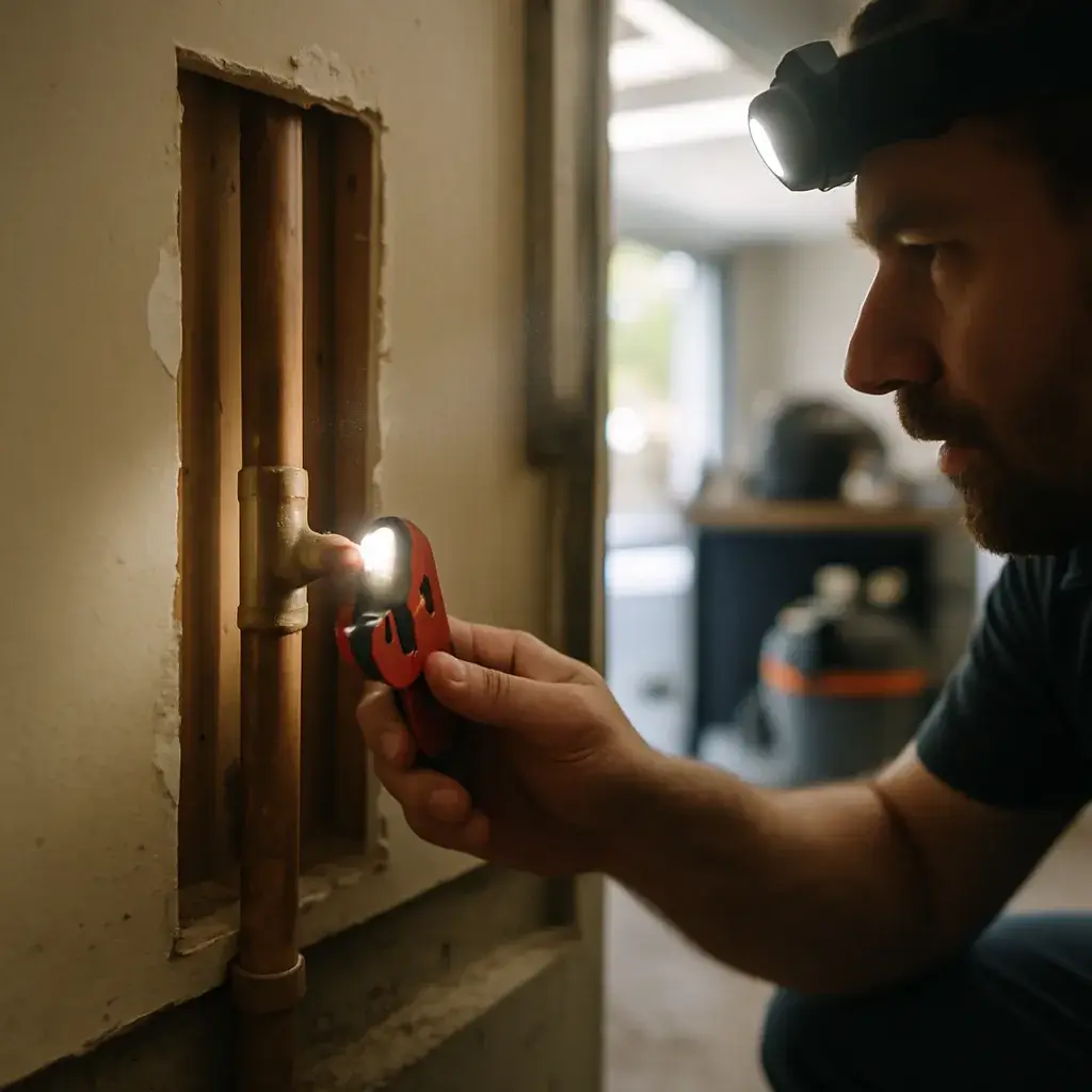 Plumber cutting corroded copper pipe during pipe repair in Sunnyvale home garage wall