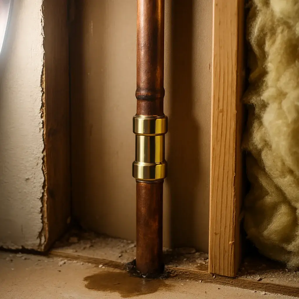 pipe-repair-completed-copper-fitting-sunnyvale Repaired copper pipe with new fitting inside wall cavity after Sunnyvale pipe repair