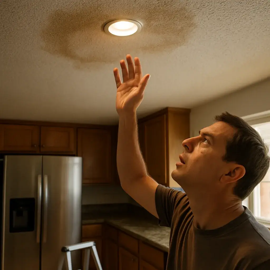pipe-repair-ceiling-water-stain-sunnyvale-home Homeowner noticing ceiling water stain signaling need for Sunnyvale pipe repair