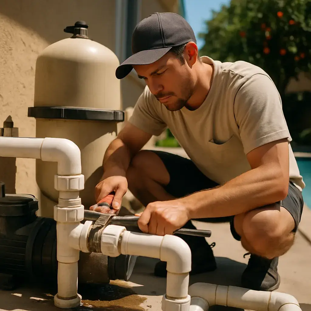 Technician repairing pool plumbing fitting at equipment pad in Sunnyvale backyard