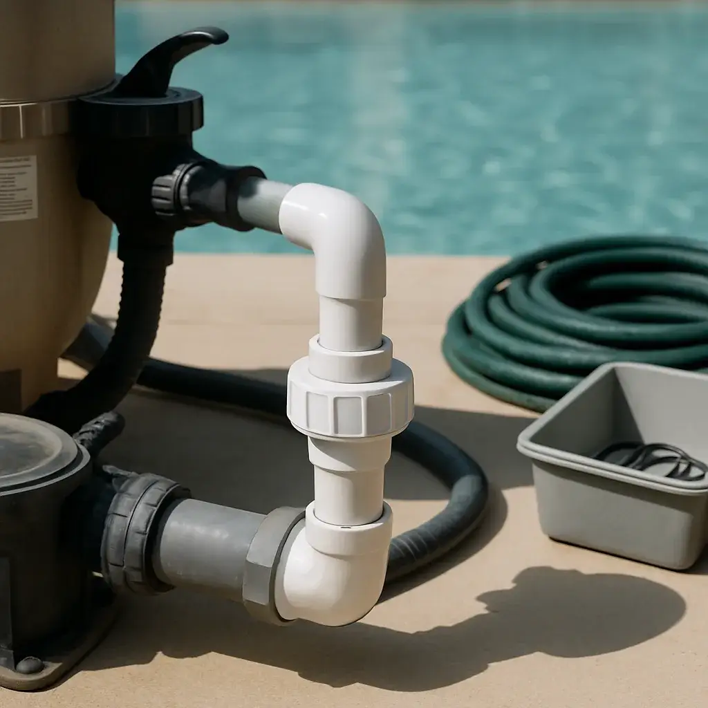 Repaired pool plumbing fitting with dry equipment pad after Sunnyvale service visit