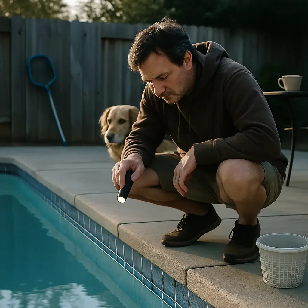 Homeowner checking pool water level for signs needing plumbing repair in Sunnyvale