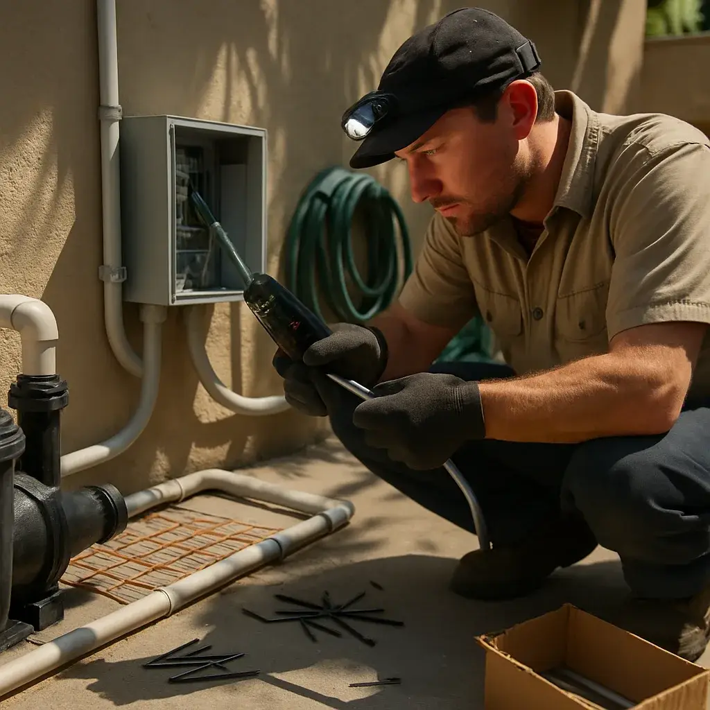 HVAC contractor wiring pool pump panel during Sunnyvale pool wiring service