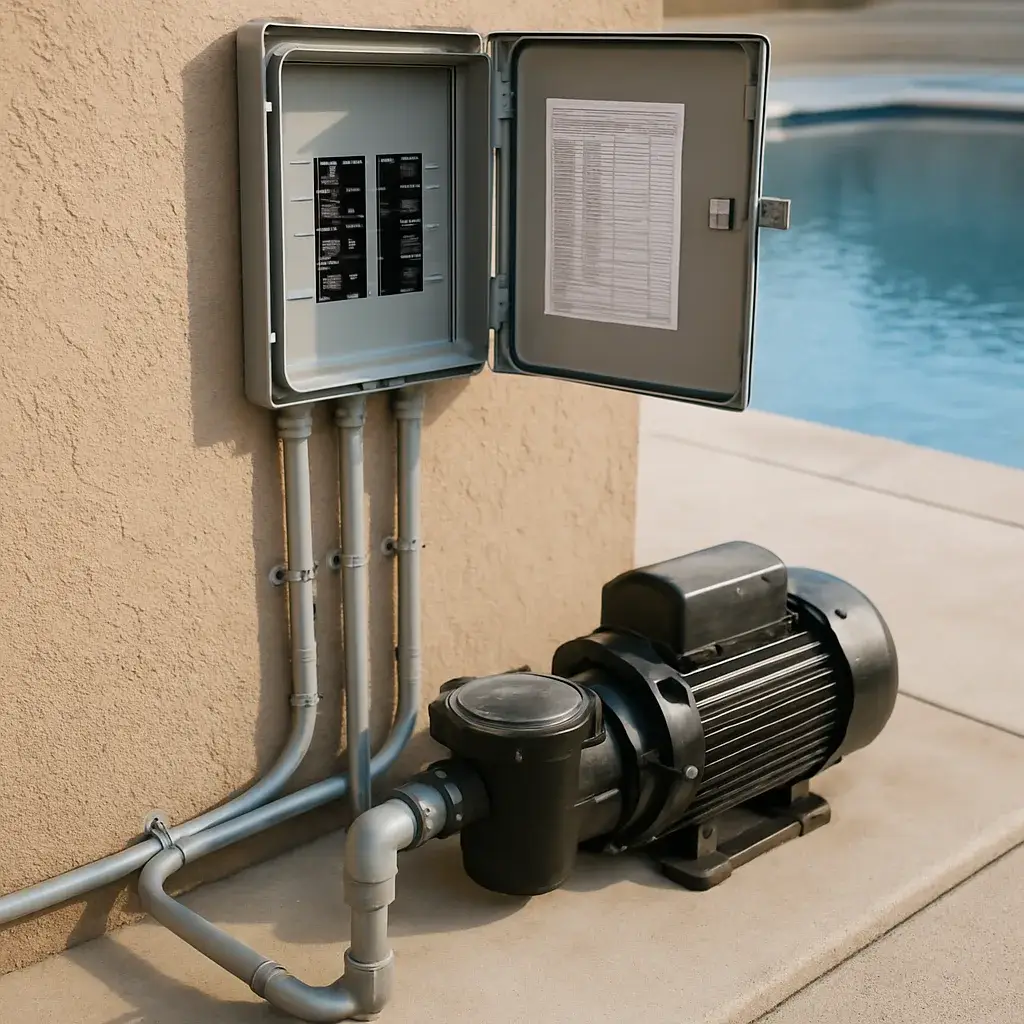 pool-wiring-completed-gfci-panel-sunnyvale Finished pool wiring panel with GFCI breakers installed at Sunnyvale home