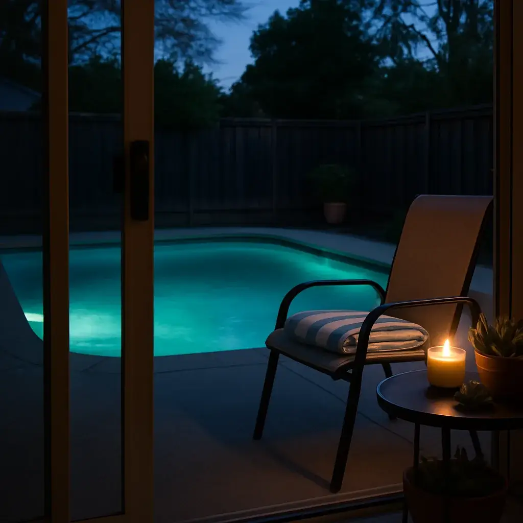 pool-lighting-steady-glow-backyard-sunnyvale Sunnyvale backyard pool with steady lighting after pool wiring repair completed