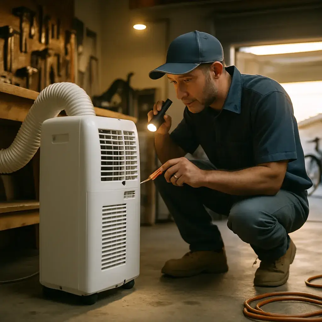 Technician inspecting portable AC drain port in Sunnyvale garage workshop