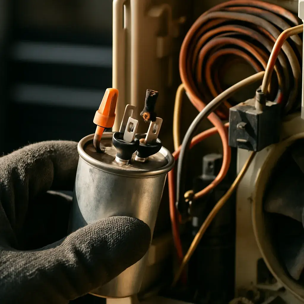 Close-up of failed capacitor removed from portable AC unit in Sunnyvale