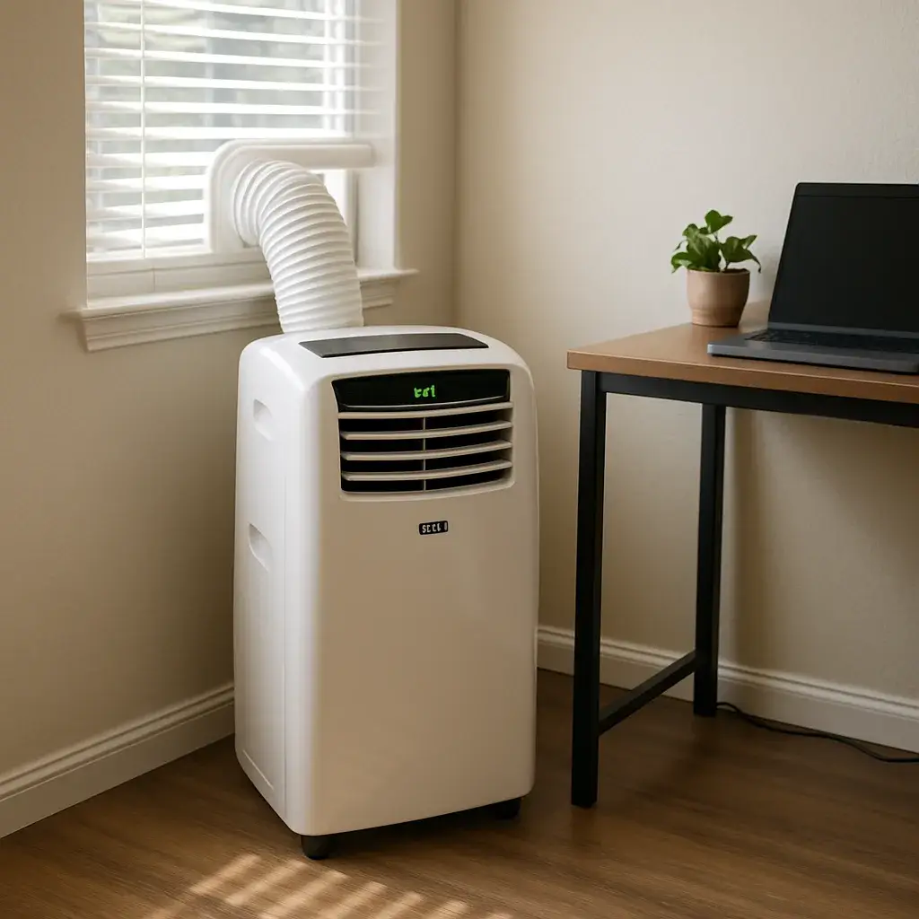 Repaired portable AC unit running cleanly in Sunnyvale home office