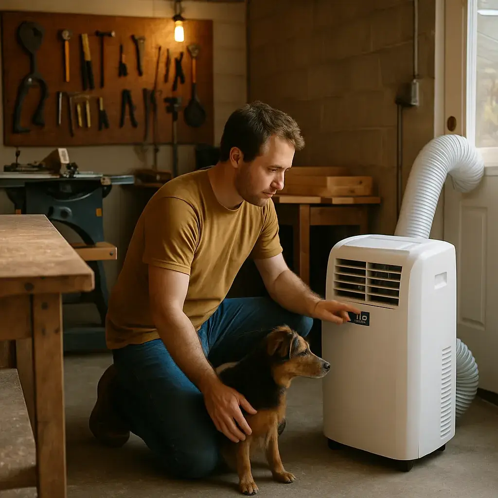 Homeowner checking portable AC thermostat in Sunnyvale workshop garage