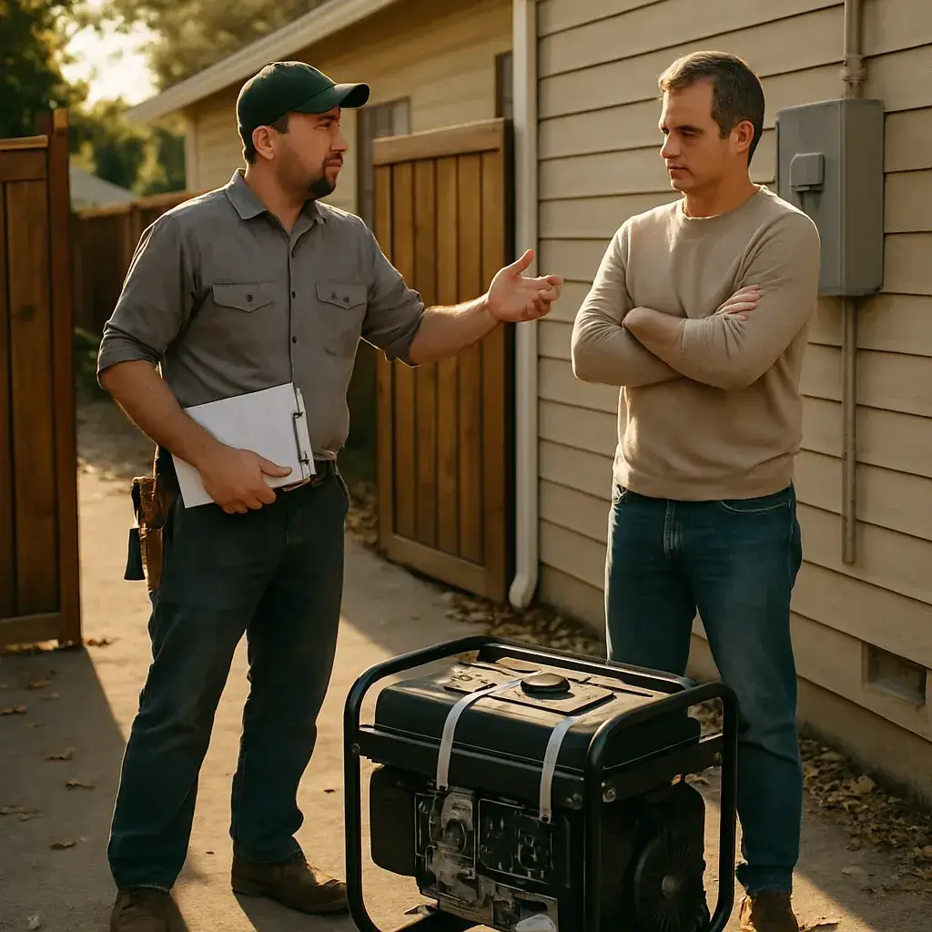 HVAC technician explains generator hookup limits to Sunnyvale homeowner outdoors