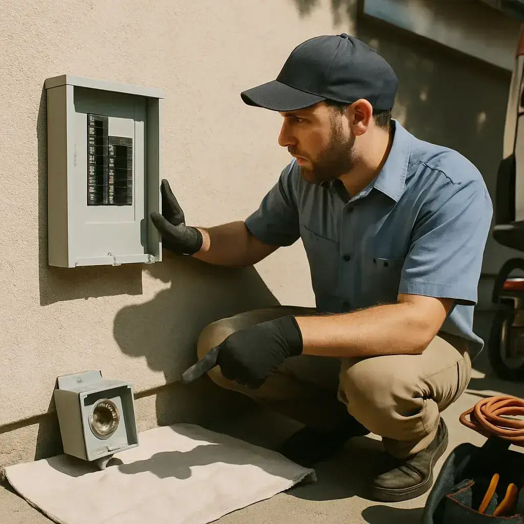 Technician comparing interlock kit and power inlet box at panel in Sunnyvale