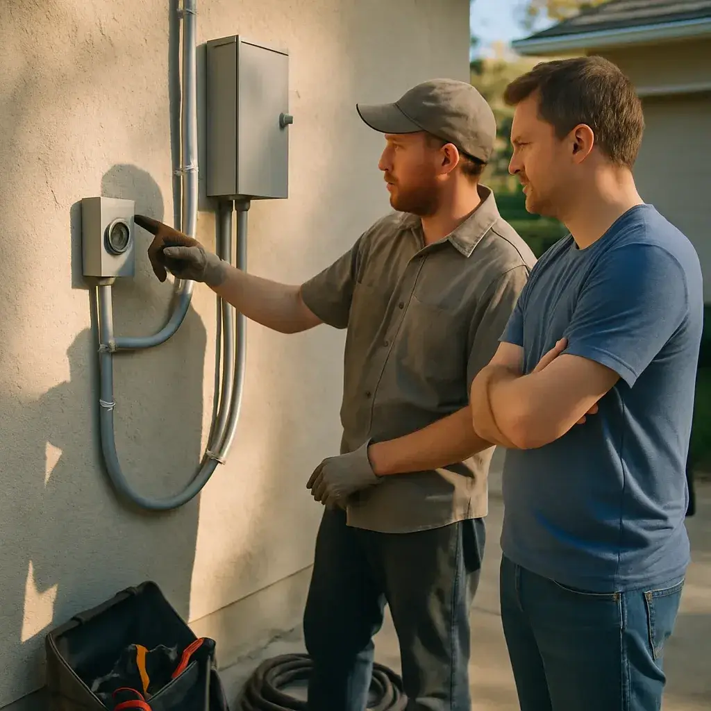 Technician explains portable generator hookup cost factors to homeowner in Sunnyvale