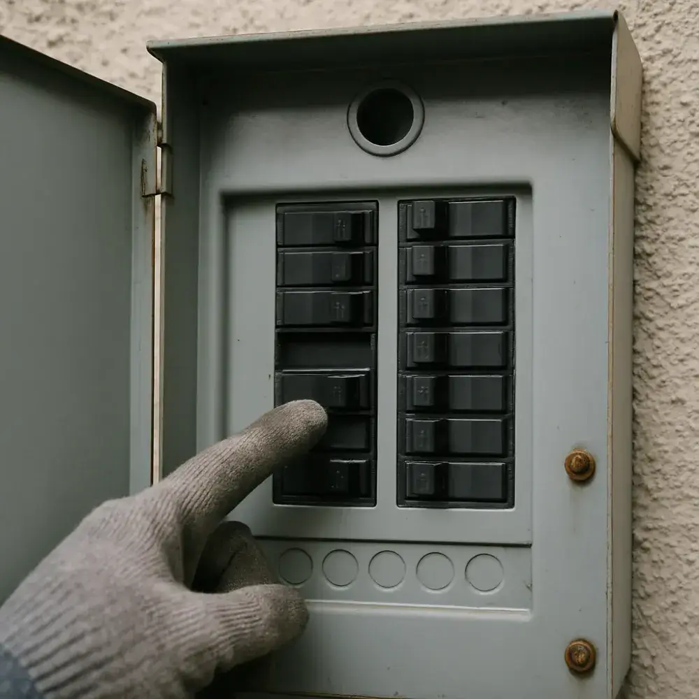 Technician points at open electrical panel lacking generator interlock in Sunnyvale