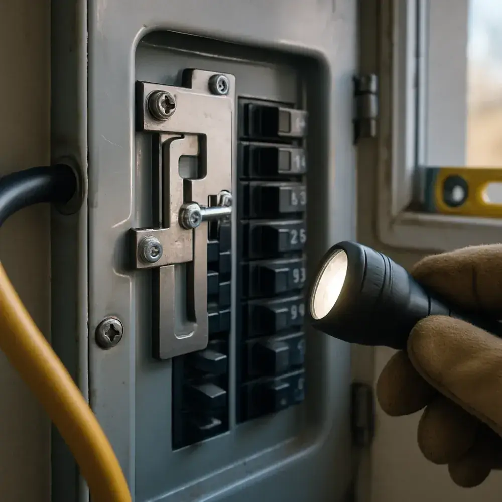 Interlock kit installed in electrical panel for portable generator hookup pricing detail