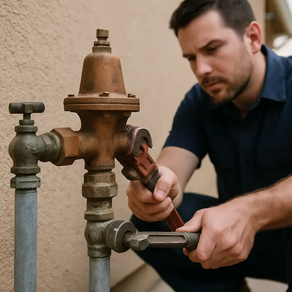 Technician replacing pressure regulator on home water line in Sunnyvale