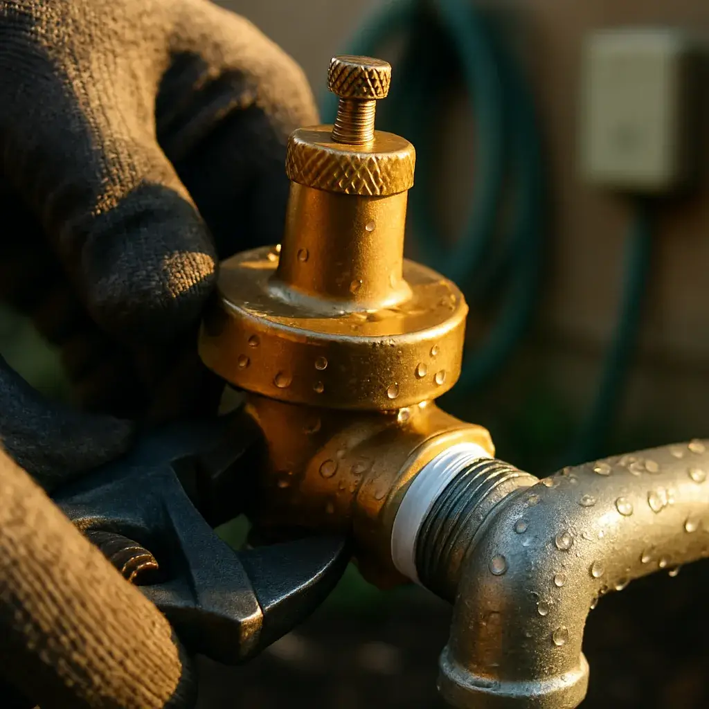 pressure-regulator-fitting-installation-detail-sunnyvale Close-up hands tightening new brass pressure regulator fitting in Sunnyvale home