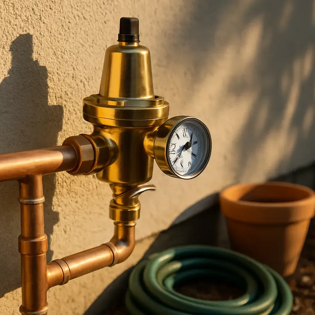 new-pressure-regulator-installed-result-sunnyvale Newly installed water pressure regulator with gauge on Sunnyvale home exterior