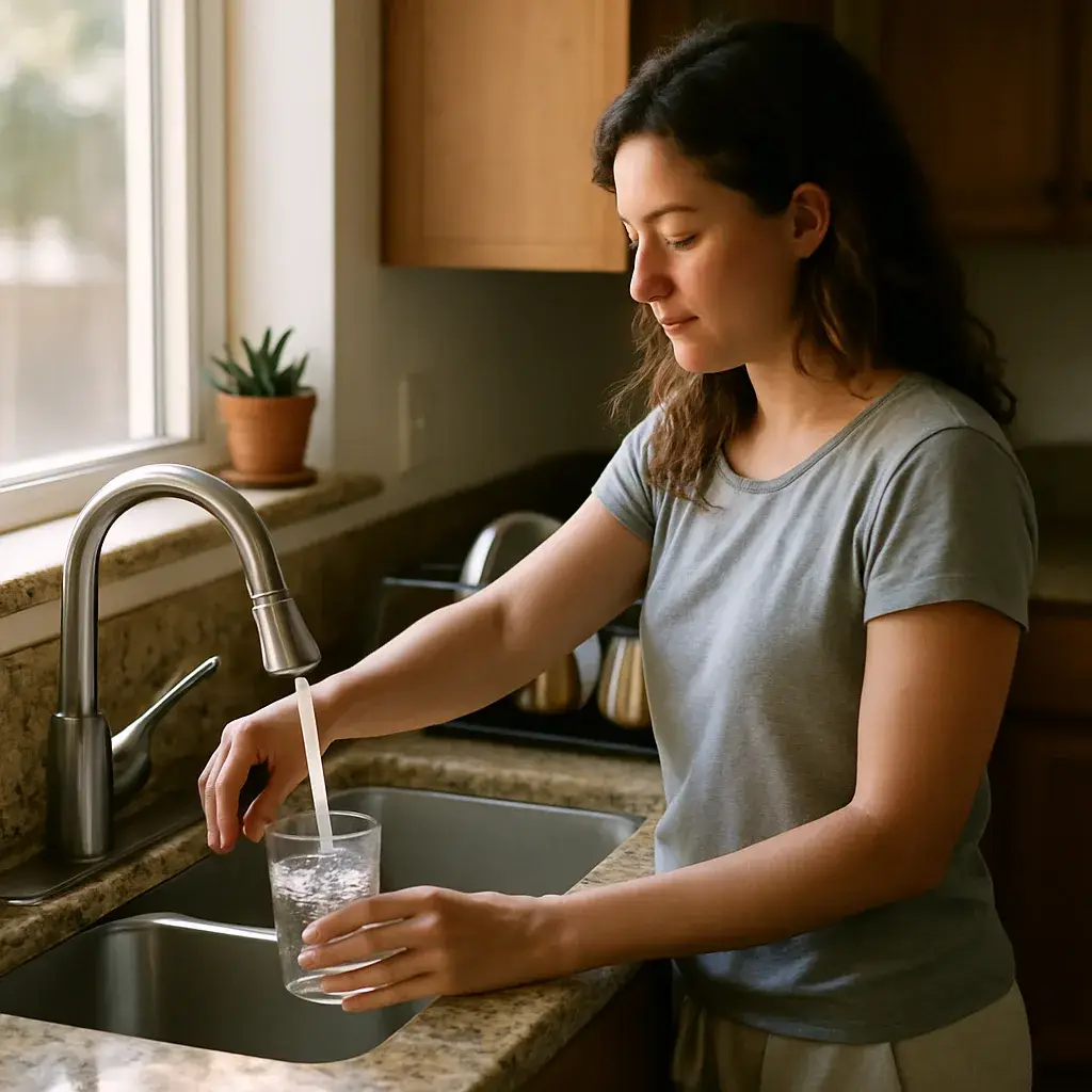 steady-water-pressure-kitchen-sink-sunnyvale Homeowner filling glass with steady water pressure in Sunnyvale kitchen
