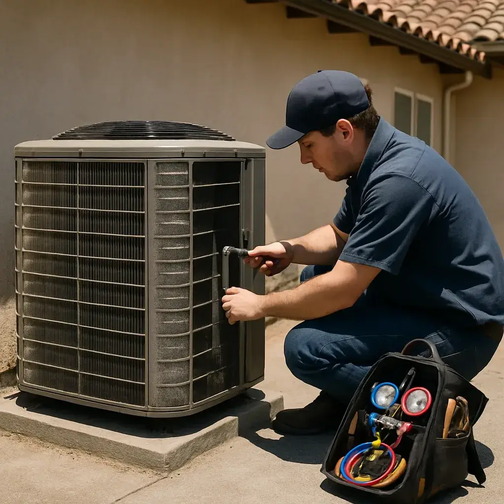 Technician performing HVAC preventative maintenance on rooftop condenser in Sunnyvale home