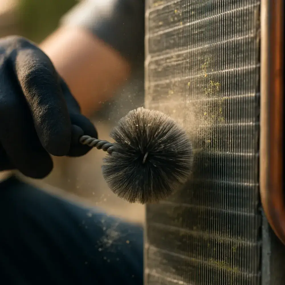 hvac-coil-cleaning-detail-preventative-maintenance-sunnyvale Close-up cleaning HVAC condenser coil fins during preventative maintenance in Sunnyvale