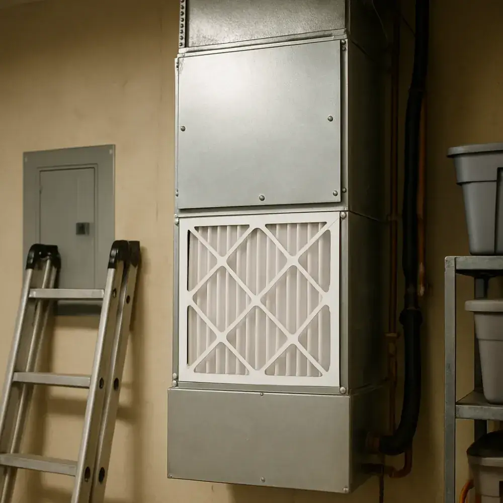 hvac-maintenance-result-air-handler-filter-sunnyvale Clean HVAC air handler filter after preventative maintenance service in Sunnyvale garage