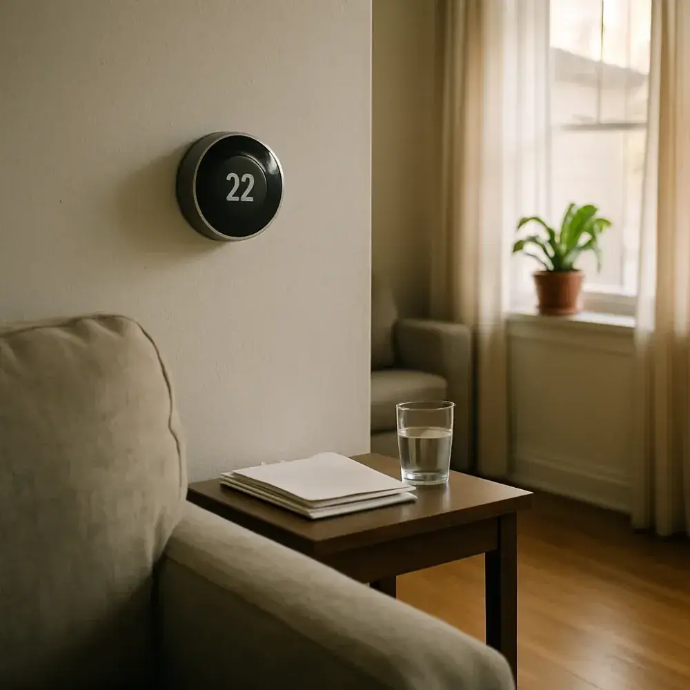 hvac-maintenance-customer-home-thermostat-sunnyvale Living room thermostat in Sunnyvale home after HVAC preventative maintenance visit
