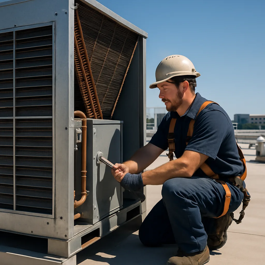 Technician installing process cooling system on rooftop in Sunnyvale industrial facility