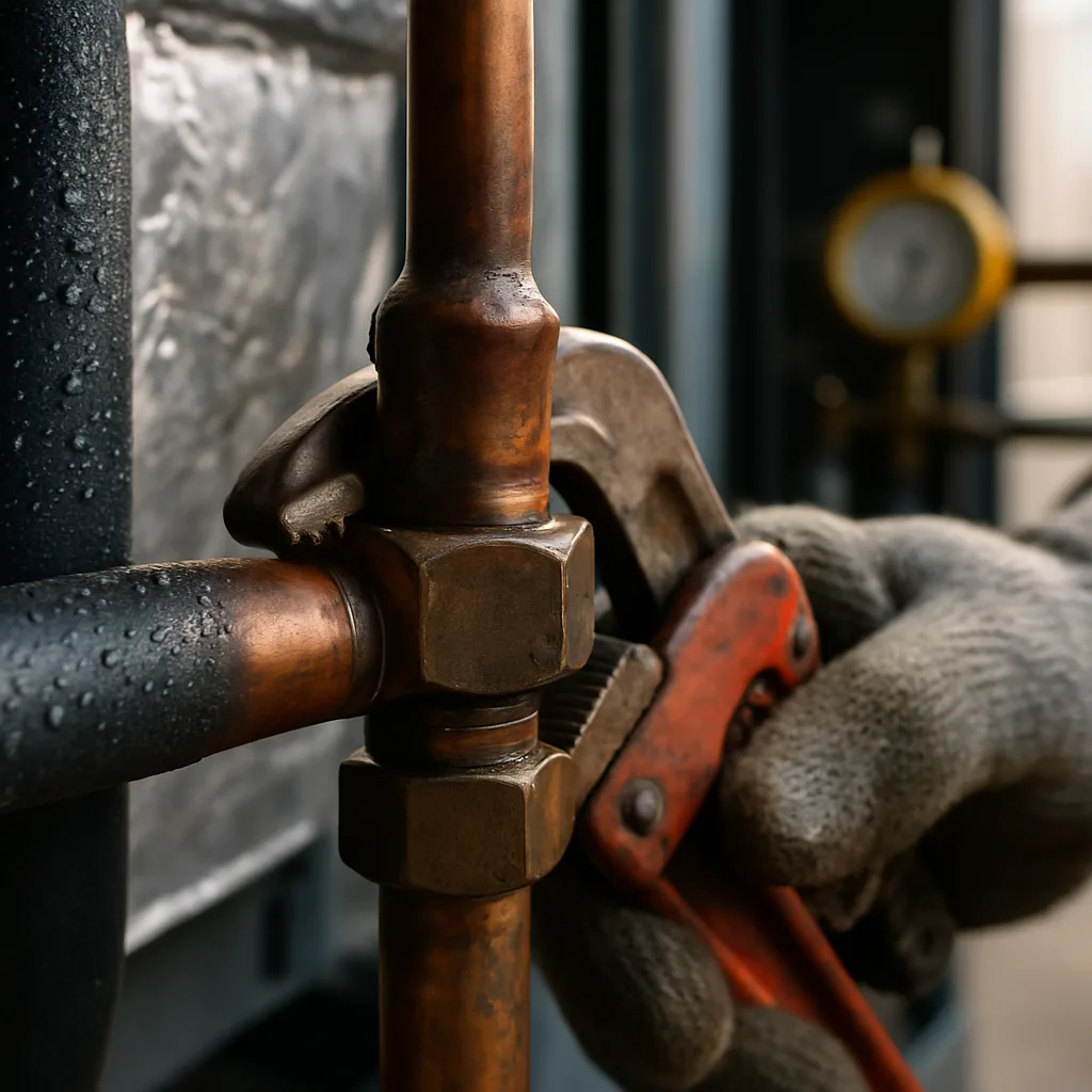 process-cooling-system-copper-fitting-detail-sunnyvale Close-up of technician tightening copper fitting during cooling system installation Sunnyvale