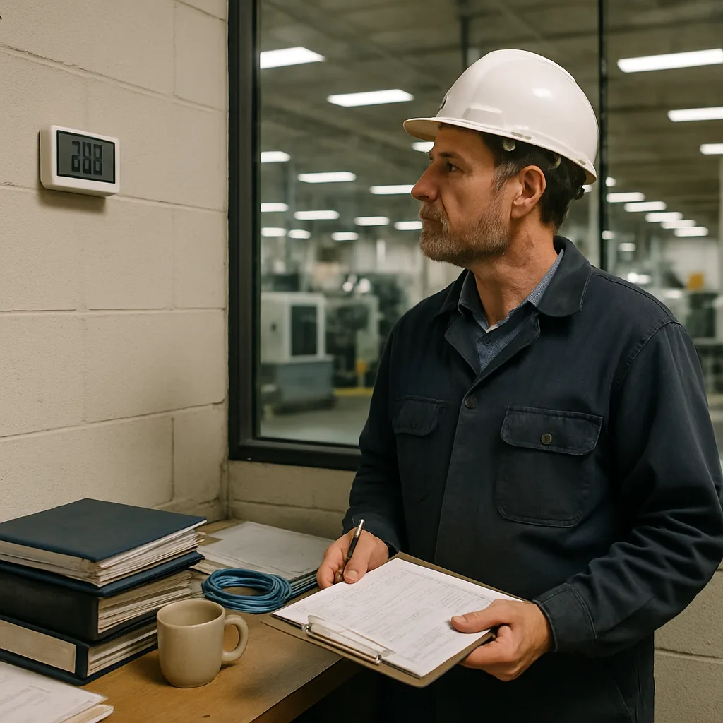 process-cooling-system-monitoring-office-sunnyvale Facility manager checking cooling system temperature readout after Sunnyvale installation